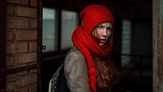 Les femmes, Georgy Chernyadyev, rousse, chapeau laineux, écharpe, Oksana Butovskaya, Fond d'écran HD HD wallpaper