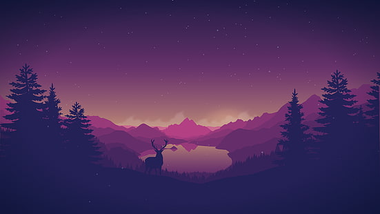 antlers, mountains, digital art, forest, artwork, sky, deer, lake, HD wallpaper HD wallpaper