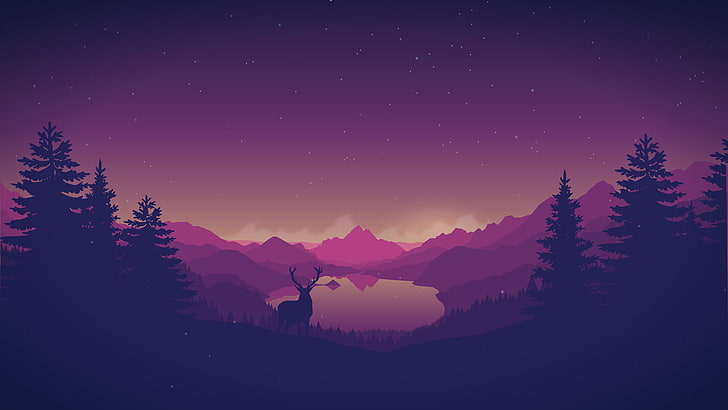 silueta ciervo rodeado de árboles fondos de pantalla, obras de arte, ciervos, cuernos, bosque, montañas, lago, arte digital, cielo, Firewatch, Fondo de pantalla HD