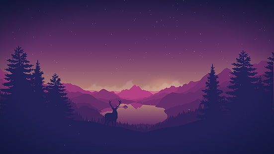 silueta ciervo rodeado de árboles fondos de pantalla, obras de arte, ciervos, cuernos, bosque, montañas, lago, arte digital, cielo, Firewatch, Fondo de pantalla HD HD wallpaper