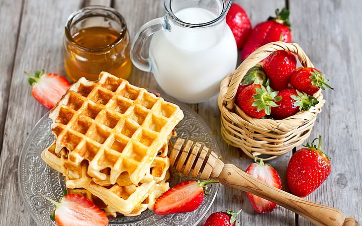 food, colorful, breakfast, strawberries, fruit, honey, milk, wooden surface, waffles, HD wallpaper