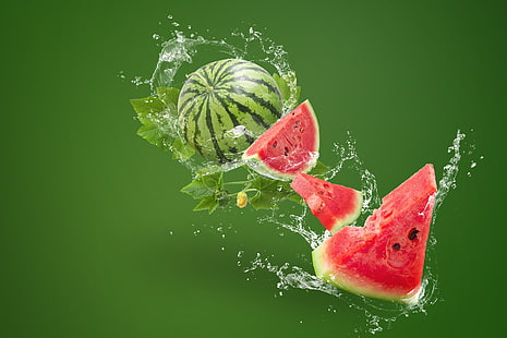  water, squirt, green, background, splash, watermelon, slices, HD wallpaper HD wallpaper