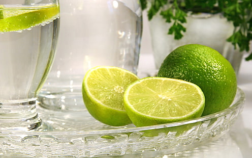 lime slice, lime, citrus, fruit, glass, tray, HD wallpaper HD wallpaper