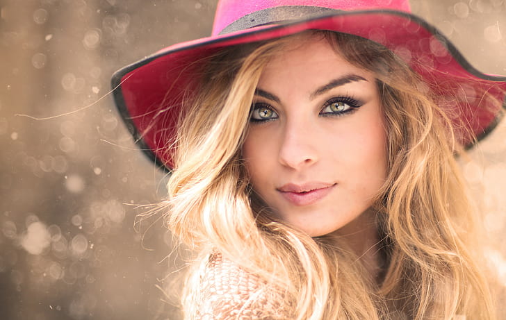 Alessandro Di Cicco, women's black piping pink suede hat, girl, eyes, portrait, photo, hat, blonde, photographer, Alessandro Di Cicco, lips, HD wallpaper