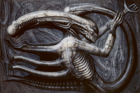 бежевая и серая картина пришельцев, Х. Р. Гигер, Чужой (фильм), тварь, ужас, научная фантастика, произведение искусства, HD обои HD wallpaper