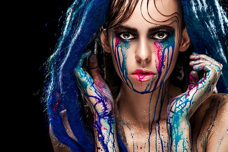 warna-warni, rias wajah, wajah, tangan, potret, wanita, model, biru, Wallpaper HD HD wallpaper