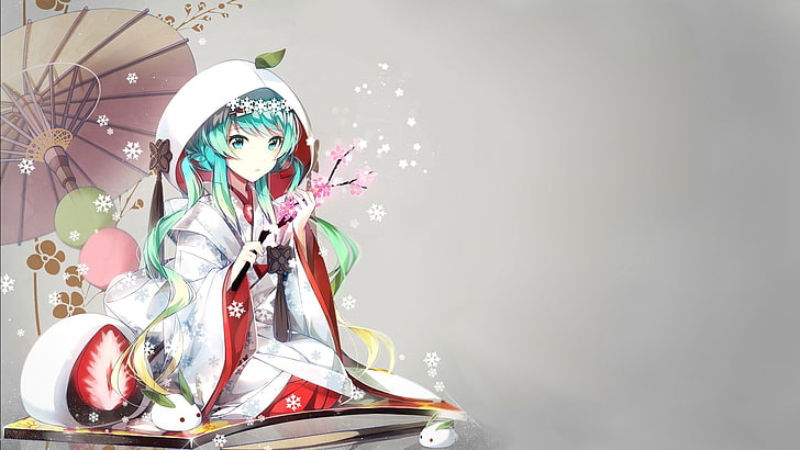 blaugrünhaarige Anime-Mädchenillustration, Anime-Mädchen, Hatsune Miku, Vocaloid, traditionelle Kleidung, Yuki Miku, Anime, HD-Hintergrundbild