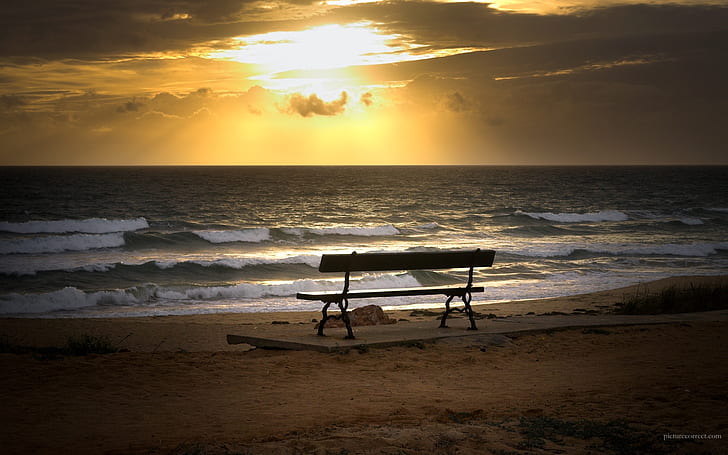 bench on the beach Beach loneliness lonely nature peacefull sunset Water HD, black beach lounger, nature, abstract, photography, sunset, beach, water, bench, lonely, loneliness, peacefull, bench on the beach, HD wallpaper