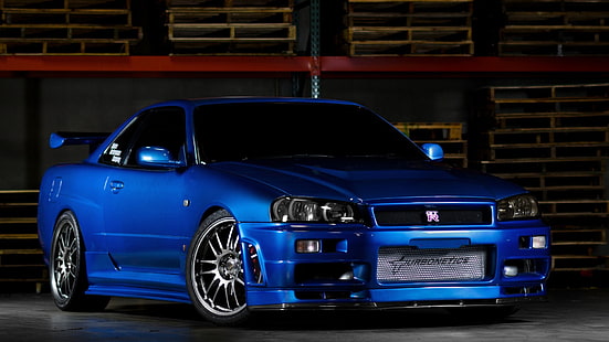 coche, Nissan, azul, gt-r, r34, rápido y furioso, Nissan skyline, Fondo de pantalla HD HD wallpaper