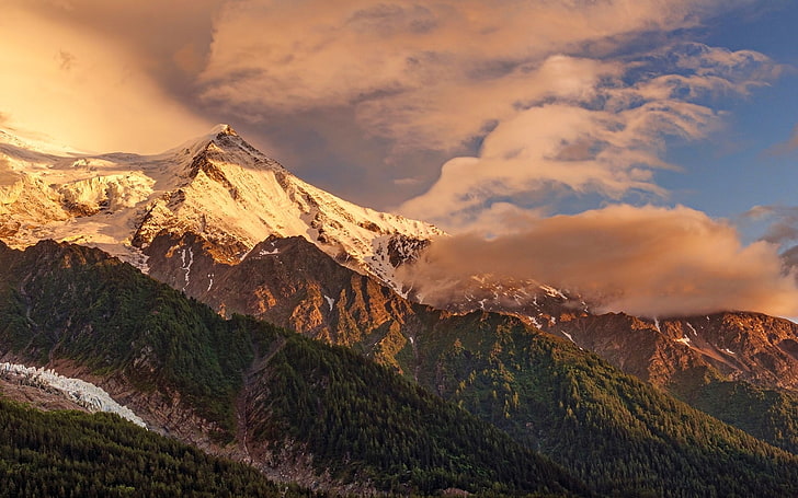 foto de montañas, naturaleza, paisaje, Alpes, puesta de sol, pico nevado, Francia, nubes, verano, montañas, bosque, Fondo de pantalla HD