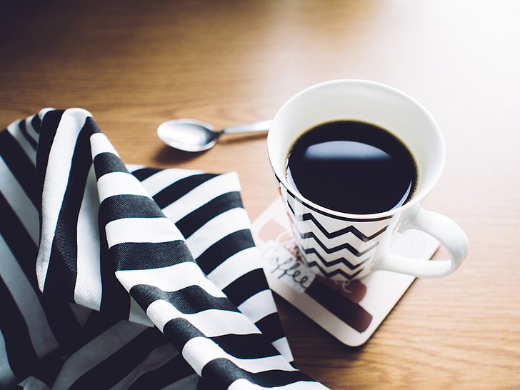 white ceramic mug, cup, coffee, towel, spoon, HD wallpaper