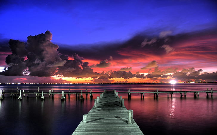 Colourful Summer Sunset, sky, clouds, landscape, pontoon, HD wallpaper