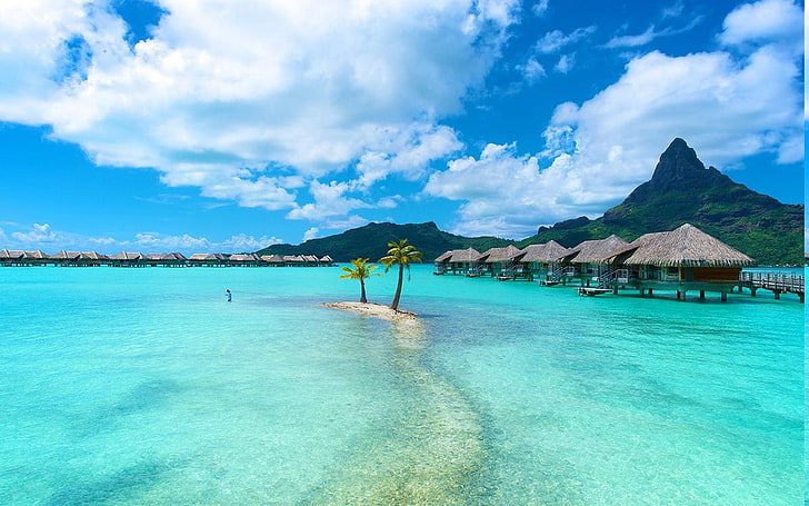 spiaggia, Bora Bora, Bungalow, nuvole, isola, paesaggio, montagna, natura, palme, resort, mare, estate, tropicale, turchese, vacanze, acqua, Sfondo HD