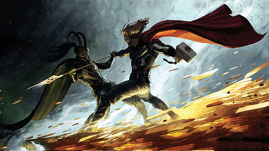 Marvel Thor vs Loki fondo de pantalla digital, cómics, Thor, Loki, Marvel Comics, Fondo de pantalla HD HD wallpaper