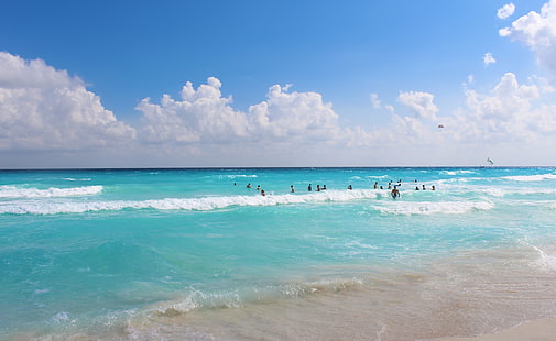 Cancun Beach, mer bleue, voyage, îles, plage, Mexique, cancun, caribe, benitojuarez, marcaribe, quintanaroo, zonahotelera, Fond d'écran HD HD wallpaper