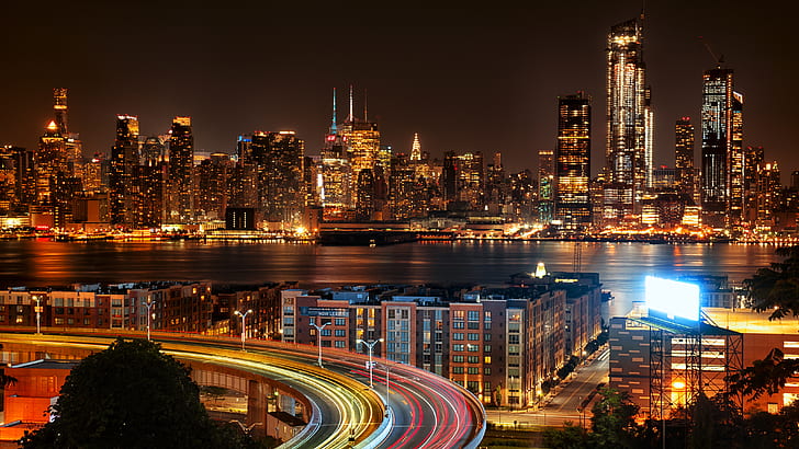 سيتي سكيب ، نيو جيرسي ، مدينة نيويورك ، حركة المرور الليلية ، 4K، خلفية HD