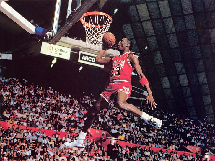 Michael Jordan, pria, olahraga, bola basket, Michael Jordan, Chicago Bulls, lompat, legenda, NBA, lingkaran, merah, Wallpaper HD