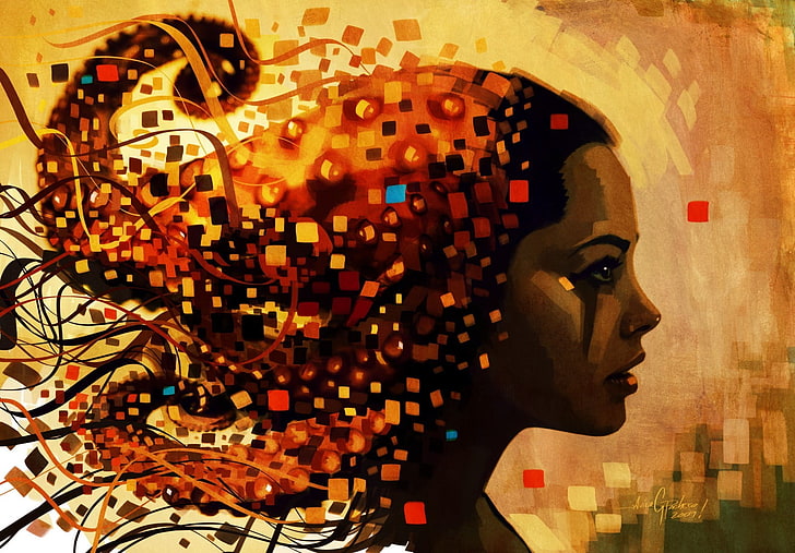 pixilated woman painting, face, graphics, color, HD wallpaper