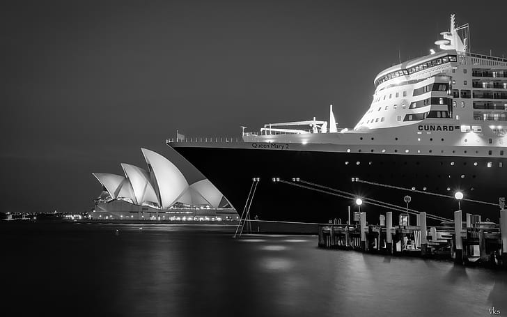 Sydney Sydney Opera House Night BW Ship Cruise Ship HD, night, cityscape, bw, house, ship, sydney, opera, cruise, HD wallpaper