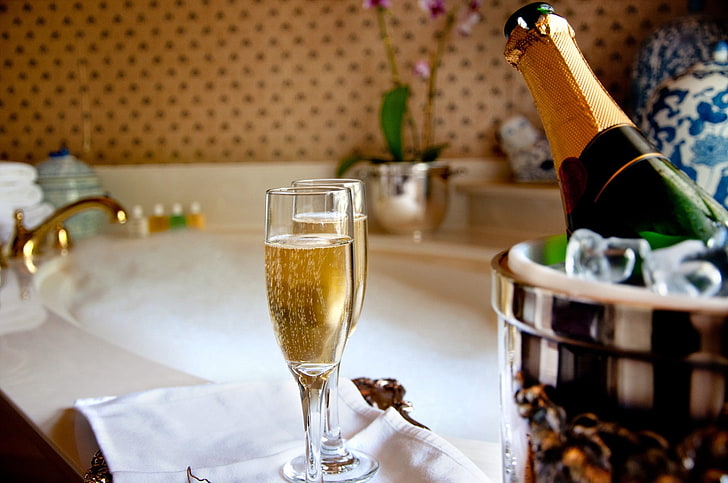 wine, champagne, bath, alcohol, bathroom, HD wallpaper