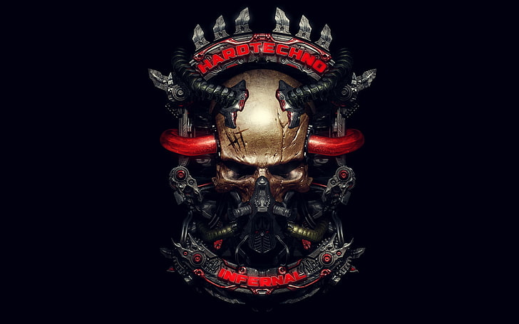 золотой череп логотип, стиль, музыка, череп, механизм, труба, ад, хардтехно, HD обои