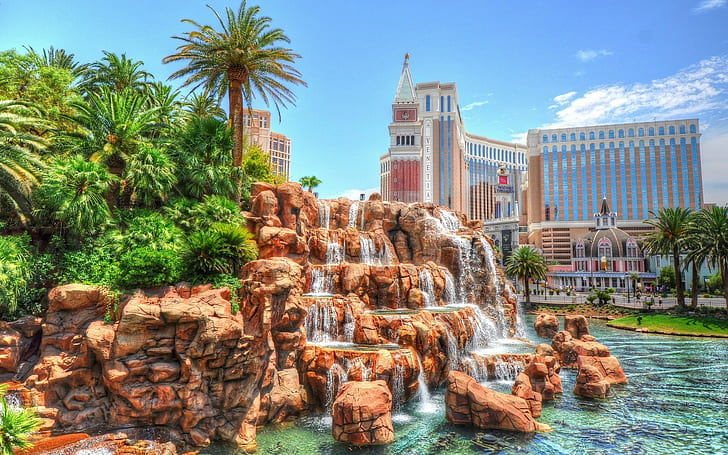 USA, Nevada, Las Vegas, USA, Nevada, Las Vegas, Venetian Hotel, palm trees, waterfalls, HDR, HD wallpaper
