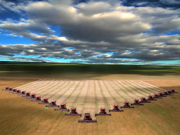 red combine harvester lot, field, clouds, horizon, combiners, HD wallpaper