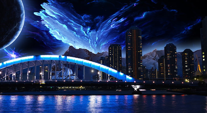 Dream City, concrete building and bridge, Aero, Creative, night sky, city,  HD wallpaper | Wallpaperbetter