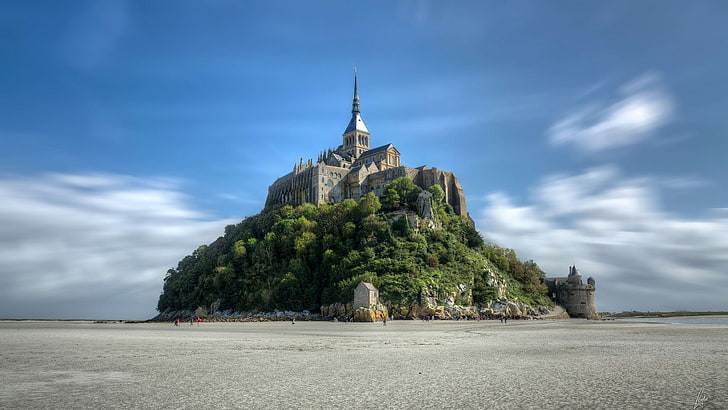 Francja, Mont Saint-Michel, wyspa, opactwo, miejsce światowego dziedzictwa, stary budynek, Tapety HD