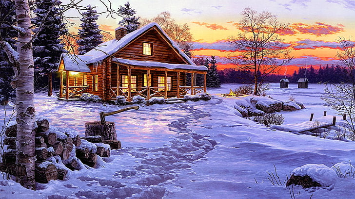 живопис, зима, пейзаж, живопис, снежно, дървена кабина, къща, вечер, HD тапет