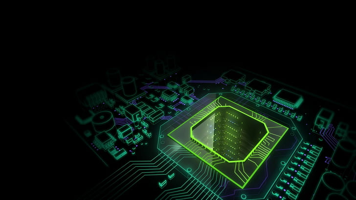 Ilustración de placa de circuito verde y negro, computadora, render, tecnología, arte digital, Fondo de pantalla HD