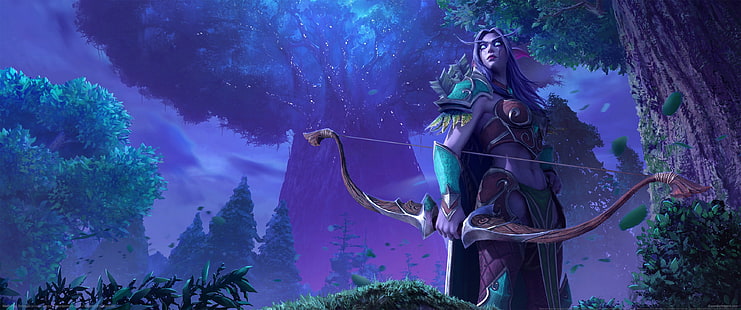 Warcraft III, Warcraft III: Reforged, gry wideo, grafika z gier wideo, sztuka cyfrowa, elfy, nocne elfy, Sylvanas Windrunner, łuk, drzewa, ultrawide, ultra-wide, Tapety HD HD wallpaper