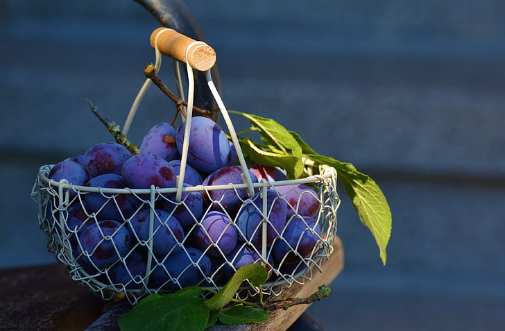 basket, blurry, close up, focus, food, fruit, fruits, grapes, healthy, juicy, leaves, violet, HD wallpaper