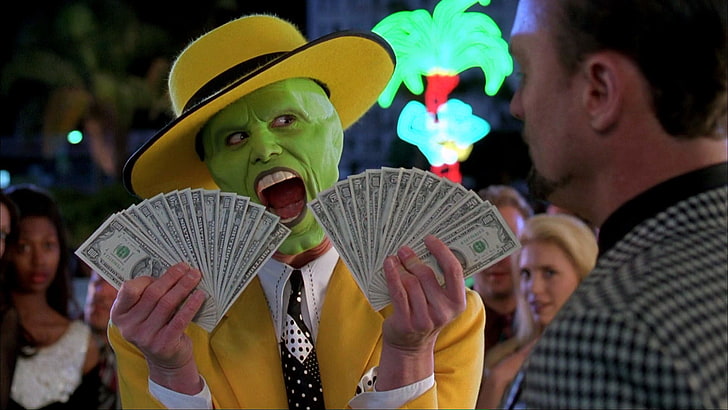 Джокер держит поклонника долларовой банкноты США, Маска, деньги, кадры из фильма, Джим Керри, HD обои