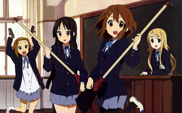 four female anime digital wallpapers, girls, schoolgirls, fun, board, class, HD wallpaper