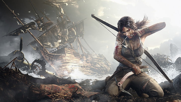 donna con fiocco sfondo digitale, Tomb Raider, arciere, fiocchi per capelli, cacciatore, Lara Croft, videogiochi, relitto, arco, Sfondo HD