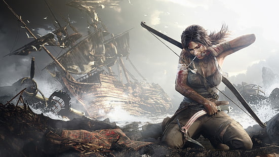 mulher com papel de parede digital arco, Tomb Raider, arqueiro, arcos de cabelo, caçador, Lara Croft, videogames, naufrágio, arco, HD papel de parede HD wallpaper