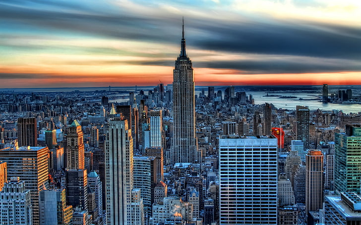 Empire State Building, път, машина, небето, светлина, нощ, светлини, град, Windows, дом, небостъргачи, прозорец, Америка, САЩ, Ню Йорк тапети, Ню Йорк тапети, Ню Йорк тапети, HD тапет