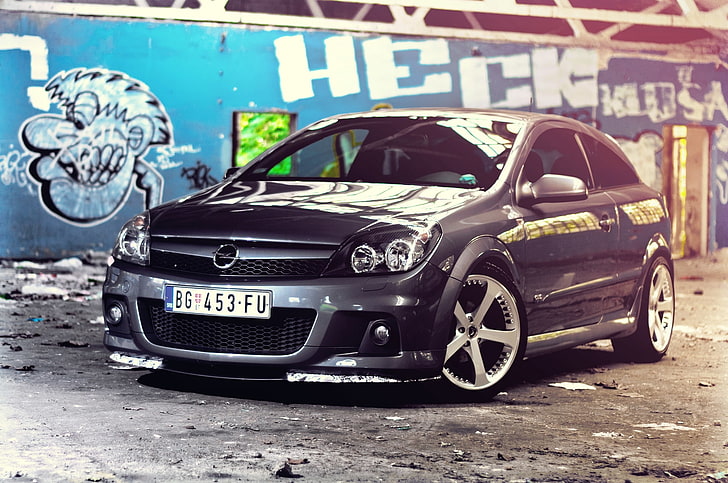 black Opel Astra H 3-door hatchback, Auto, Wall, Graffiti, Machine, Opel, Garbage, Astra, HD wallpaper