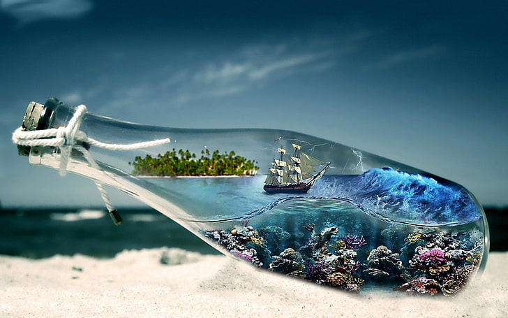 clear glass bottle, SEA, SHIP, The OCEAN, The SKY, SAND, WAVE, TUBE, BOTTLE, STORM, SHORE, ISLAND, CORALS, ROPE, HD wallpaper