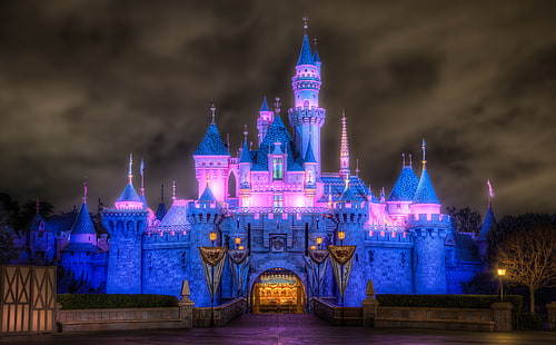 Sleeping Beauty Castle, blue and pink castle illustration, United States, California, Night, Disneyland, HD wallpaper HD wallpaper