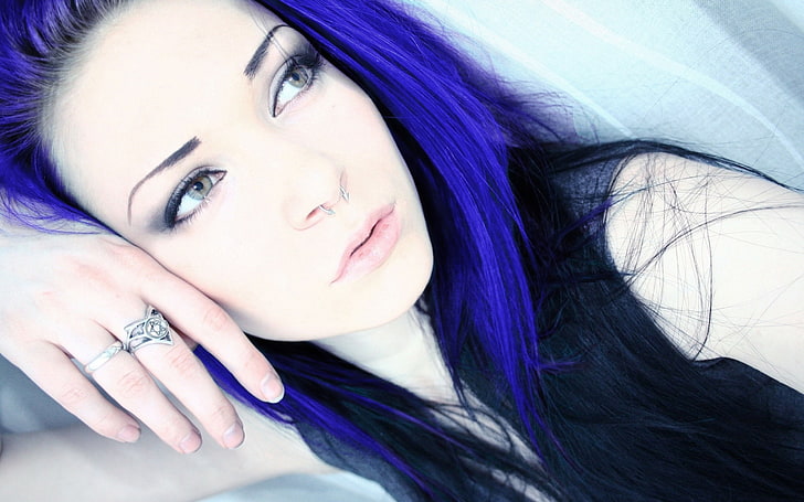 blue hair, nose rings, women, Satanism, HD wallpaper