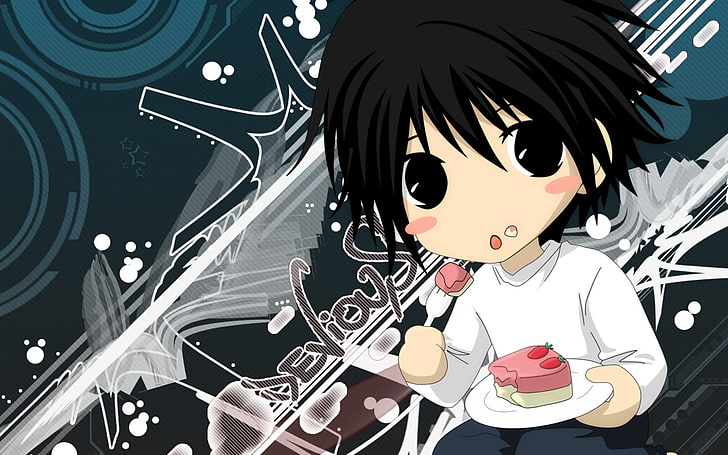 fond d'écran de personnage d'anime aux cheveux noirs, anime, gâteau, fourchette, nourriture, Fond d'écran HD
