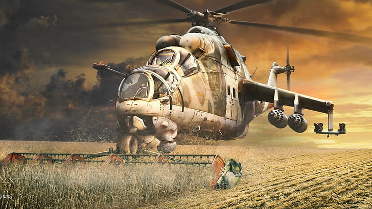 grafika, Mil Mi-24, humor, pionowy kombajn startowy, helikoptery, Tapety HD