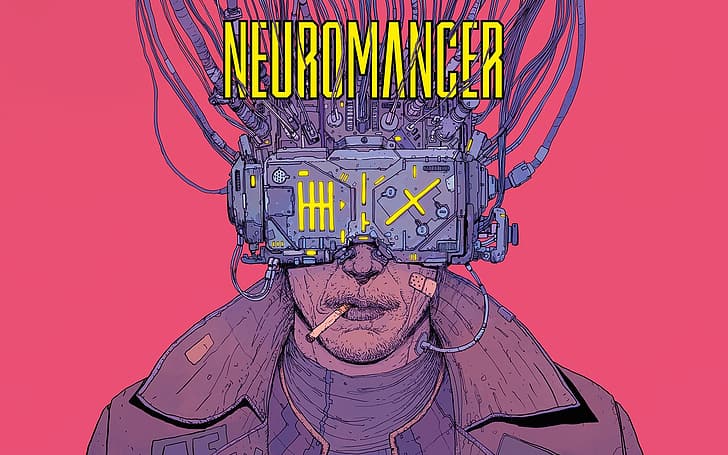 Neuromancer, rysunek, okładka książki, cyberpunk, druty, papierosy, kurtka, wizjery, Josan Gonzalez, Tapety HD