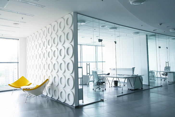 silla plástica amarilla, oficina, trabajo, interior, paredes, Fondo de pantalla HD