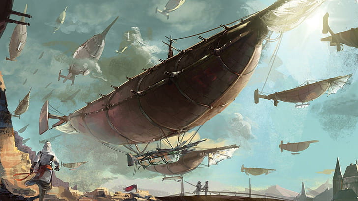 Luftschiffe, braunes Luftschiff, Fantasie, 1920x1080, Wolke, Steampunk, Luftschiff, HD-Hintergrundbild