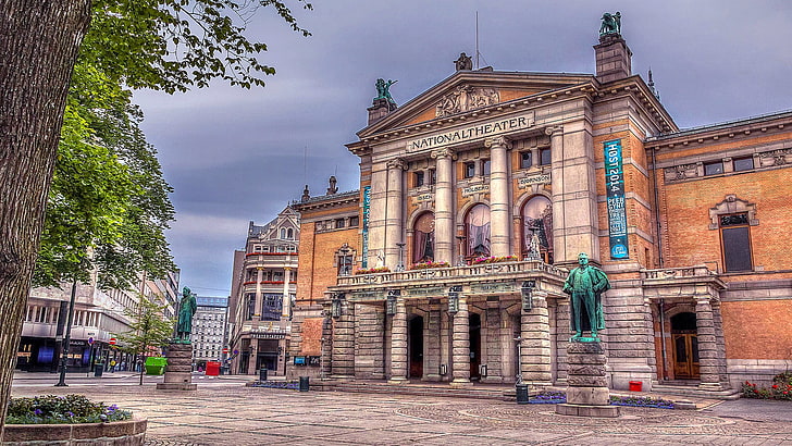 オスロ、国立劇場、劇場、ノルウェー、ヨーロッパ、建築、ランドマーク、国立劇場、建物、広場、都市広場、 HDデスクトップの壁紙
