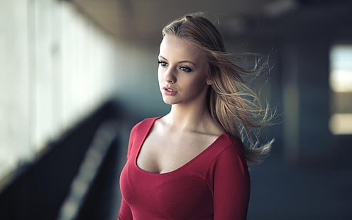 women's red scoop-neck shirt, blonde, women, face, necks, shirt, depth of field, model, cleavage, HD wallpaper HD wallpaper