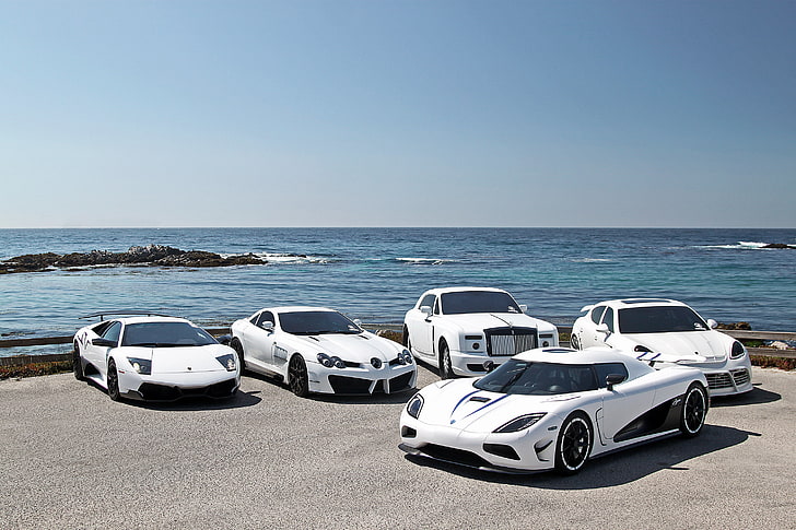 beş beyaz spor araba, beyaz, Lamborghini, supercar, Porsche, Mercedes, panamera, sls, supercars, hayalet, Koenigsegg, agera r, rulo-rulo, rulo-Royce, HD masaüstü duvar kağıdı